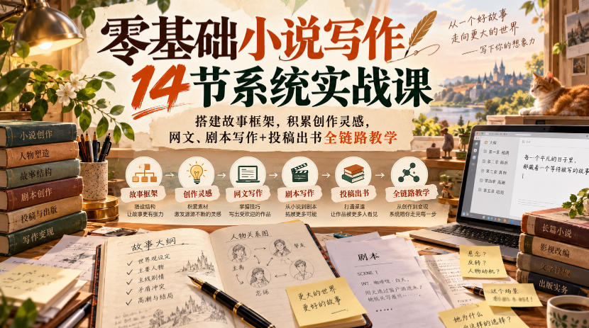 零基础小说写作14节系统实战课,搭建故事框架,积累创作灵感,网文、剧本写作+投稿出书全链路教学-小艾项目网