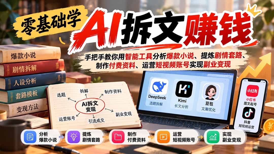 零基础学AI拆文赚钱：手把手教你用智能工具分析爆款小说、提炼剧情套路、制作付费资料、运营短视频账号实现副业变现-小艾项目网