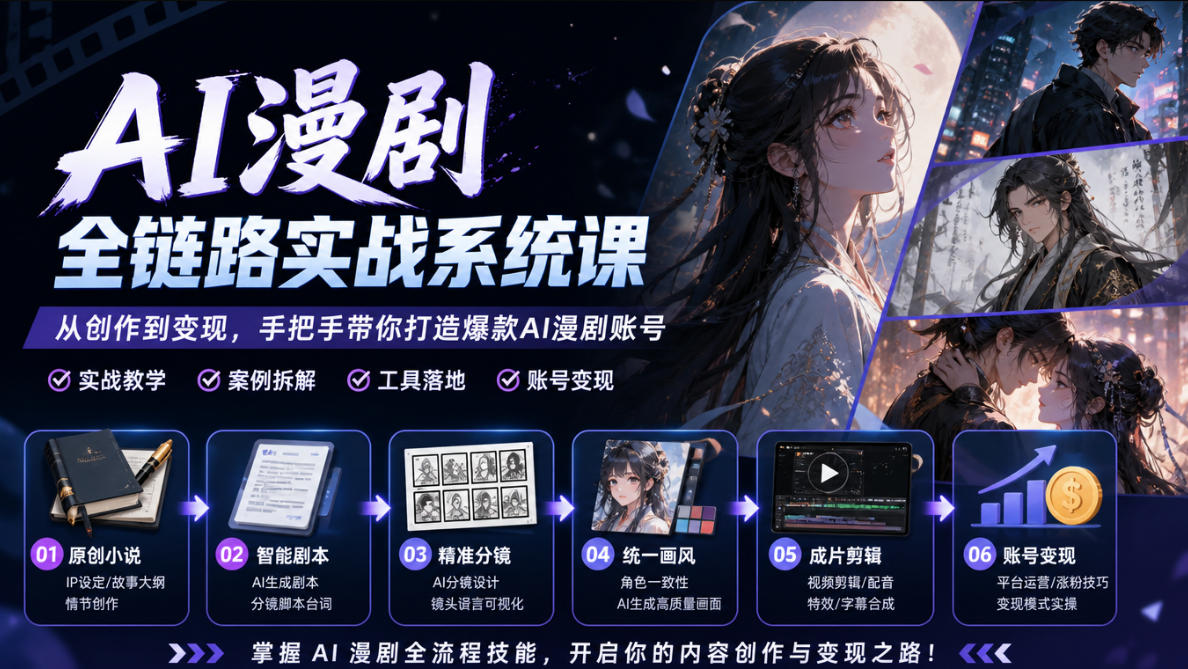 AI漫剧全链路实战系统课|原创小说、智能剧本、精准分镜、统一画风、成片剪辑、账号变现实操教学(更新1018)-小艾项目网