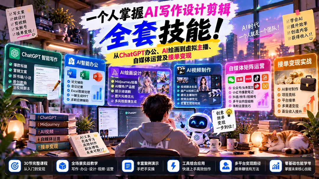 一个人掌握AI写作设计剪辑全套技能：从ChatGPT办公、AI绘画到虚拟主播、自媒体运营及接单变现-小艾项目网