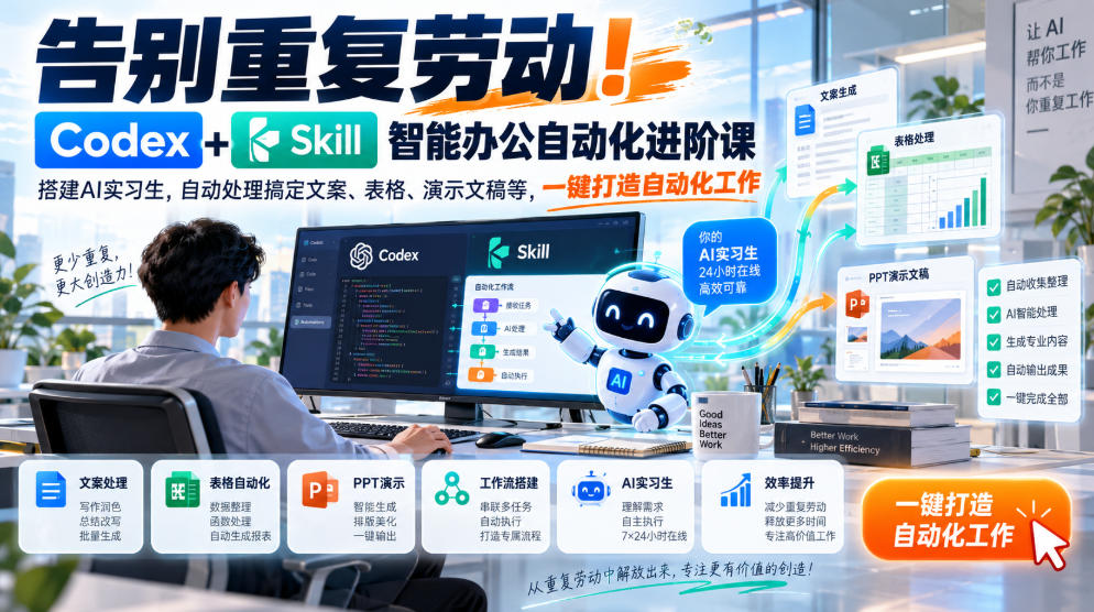 告别重复劳动！Codex+Skill智能办公自动化进阶课｜搭建AI实习生，自动处理搞定文案、表格、演示文稿等，一键打造自动化工作-小艾项目网