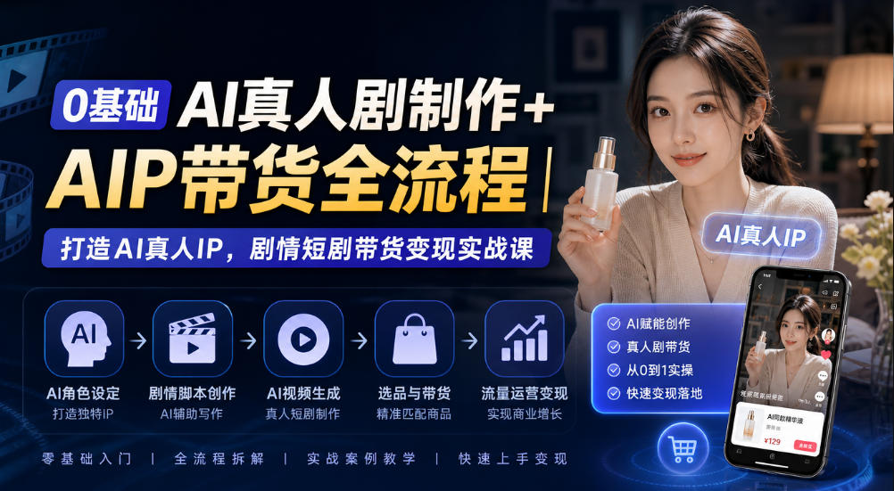 0基础AI真人剧制作+AIP带货全流程｜打造AI真人IP，剧情短剧带货变现实战课-小艾项目网