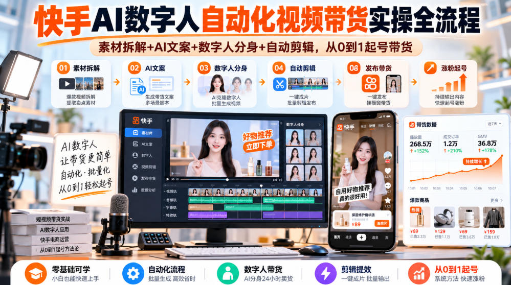 快手AI数字人自动化视频带货实操全流程|素材拆解+AI文案+数字人分身+自动剪辑,从0到1起号带货(更新26年)-小艾项目网