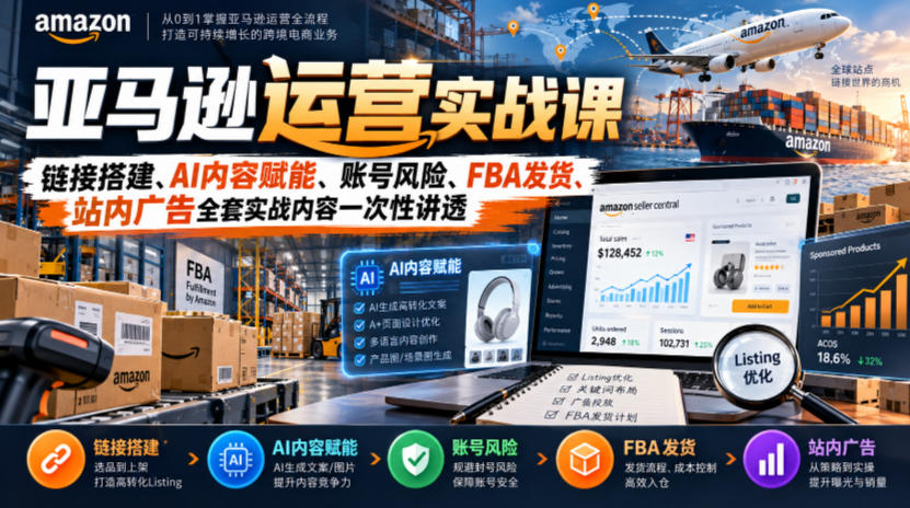 亚马逊运营实战课，链接搭建、AI内容赋能、账号风险、FBA发货、站内广告全套实战内容一次性讲透-小艾项目网