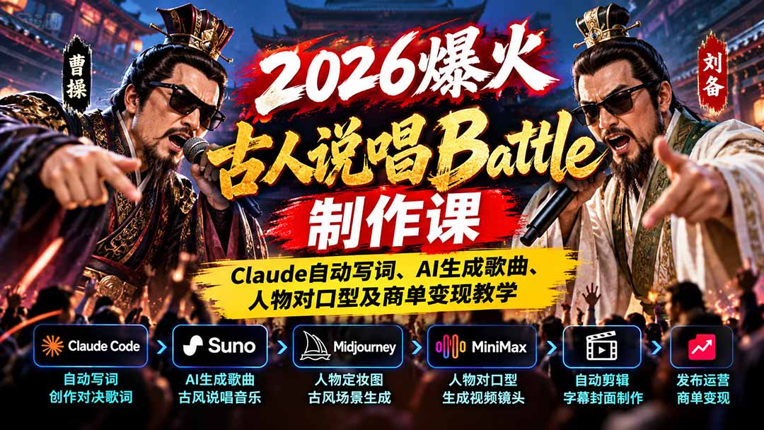 2026爆火古人说唱Battle制作课：Claude自动写词、AI生成歌曲、人物对口型及商单变现教学-小艾项目网