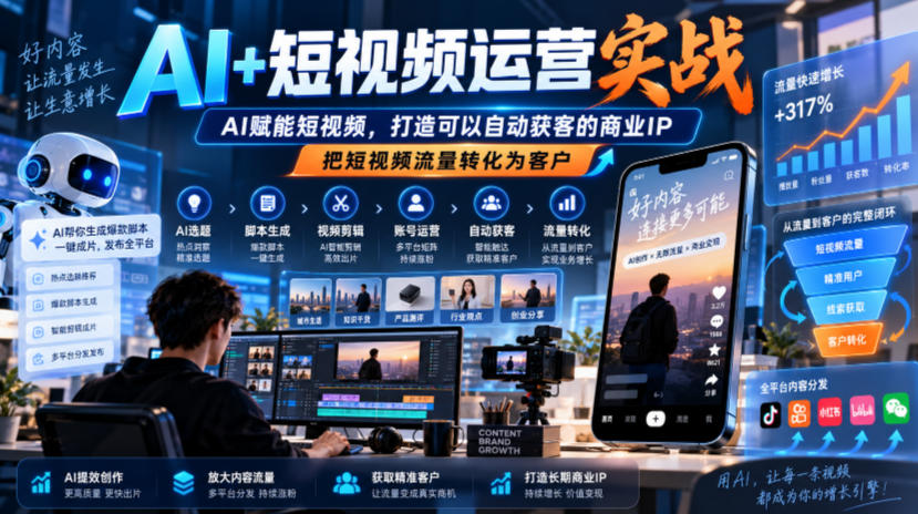 AI+短视频运营实战，AI赋能短视频，打造可以自动获客的商业IP，把短视频流量转化为客户-小艾项目网