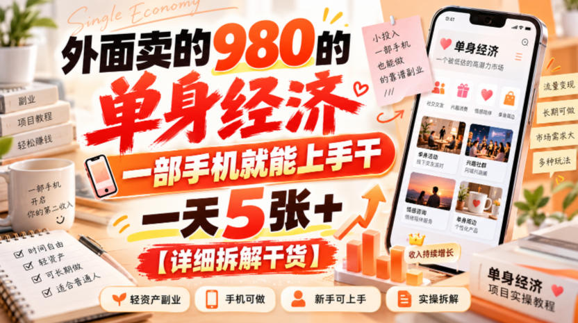 外面卖的980的单身经济，一部手机就能上手干，一天5张+【详细拆解干货】-小艾项目网