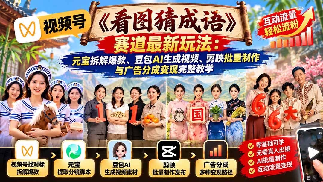 视频号《看图猜成语》赛道最新玩法：元宝拆解爆款、豆包AI生成视频、剪映批量制作与广告分成变现完整教学-小艾项目网