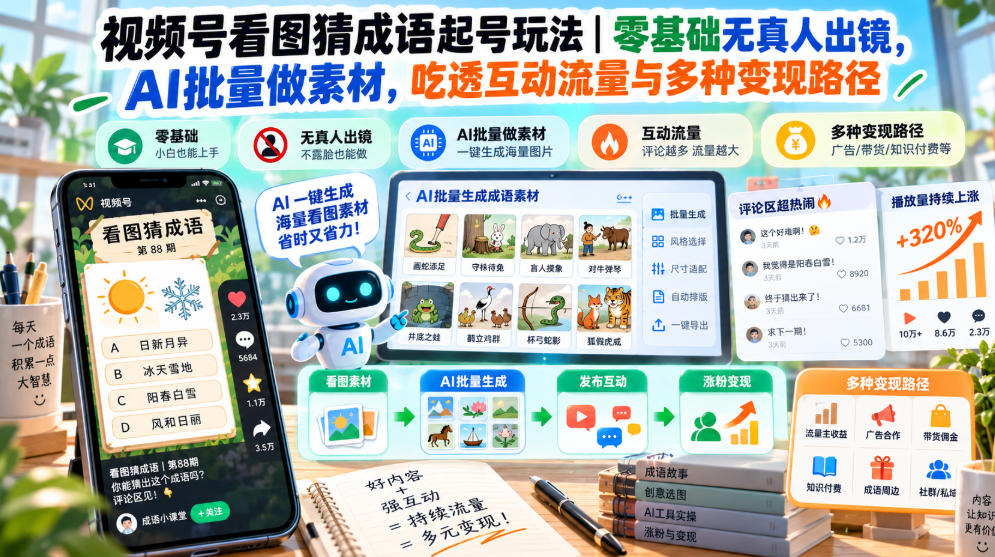 视频号看图猜成语起号玩法|零基础无真人出镜,AI批量做素材,吃透互动流量与多种变现路径-小艾项目网