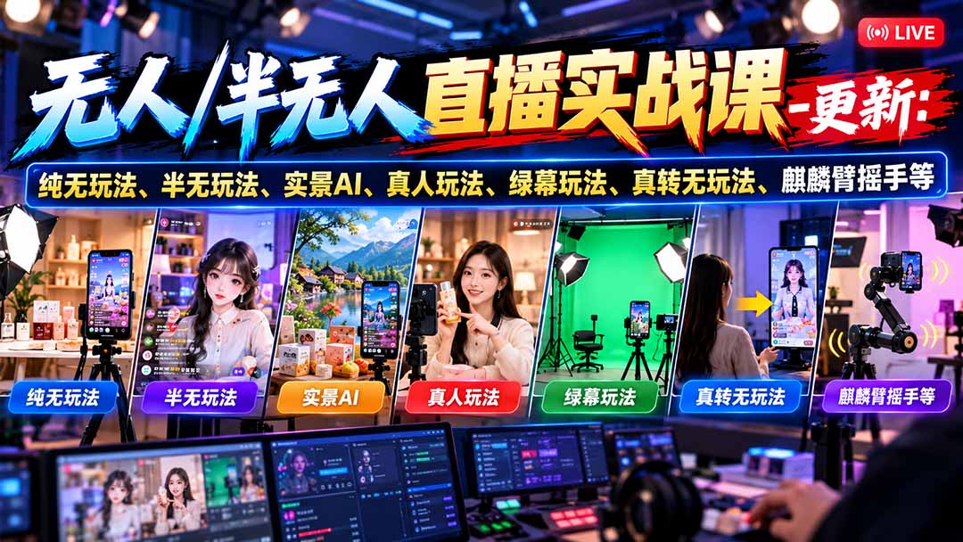 无人/半无人直播实战课-10月20更新：纯无玩法、半无玩法、实景AI、真人玩法、绿幕玩法、真转无玩法、麒麟臂摇手等-资源宝库