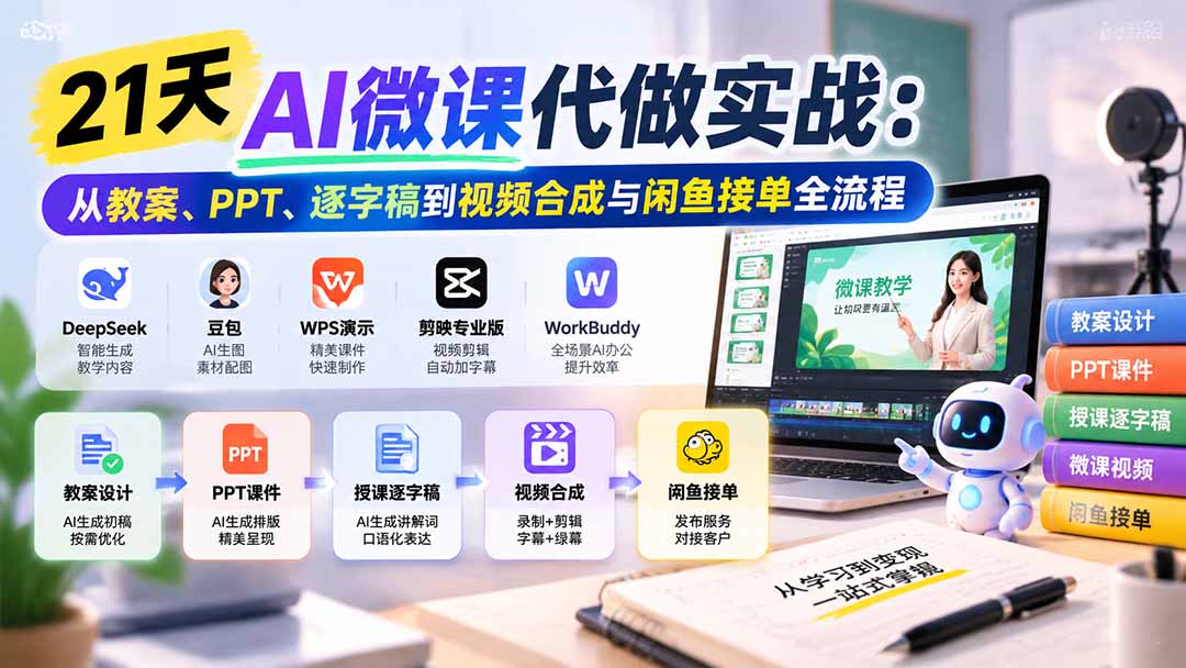 21天AI微课代做实战：从教案、PPT、逐字稿到视频合成与闲鱼接单全流程-小艾项目网