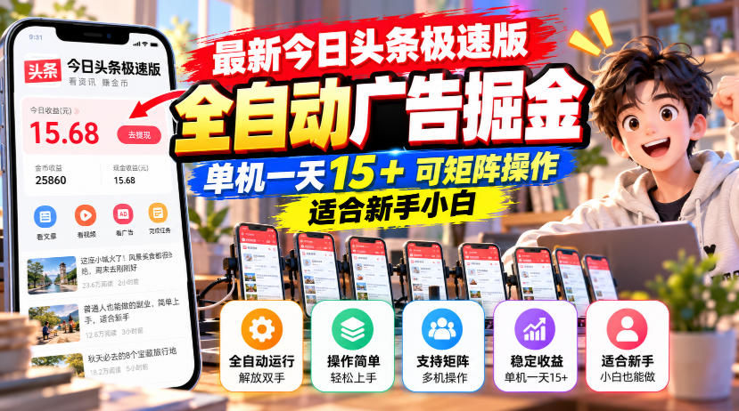 最新今日头条极速版全自动广告掘金，单机一天15+可矩阵操作适合新手小白-小艾项目网