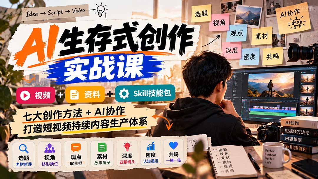 AI生存式创作实战课:视频+资料+Skill技能包,七大创作方法+AI协作,打造短视频持续内容生产体系-小艾项目网