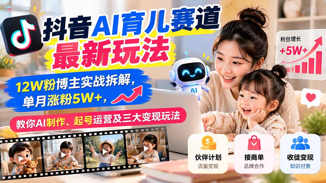 抖音AI育儿赛道最新玩法:12W粉博主实战拆解,单月涨粉5W+,教你AI制作、起号运营及三大变现玩法-小艾项目网