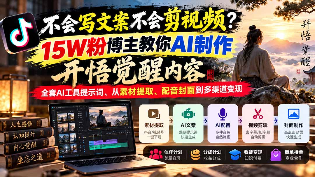 不会写文案不会剪视频？15W粉博主教你AI制作开悟觉醒内容，全套AI工具提示词、从素材提取、配音封面到多渠道变现-小艾项目网