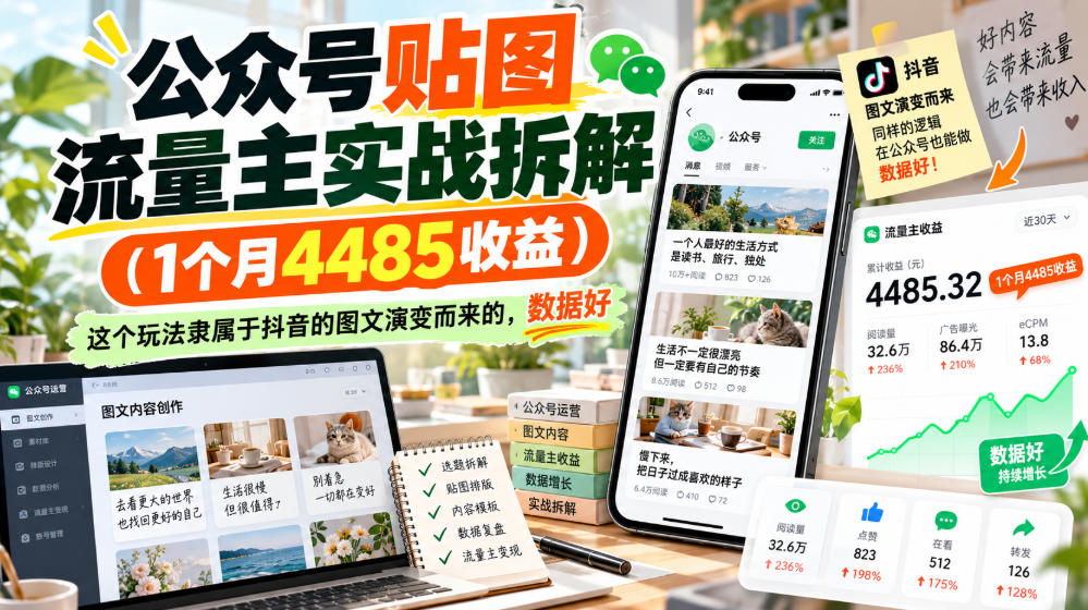 公众号贴图流量主实战拆解(1个月4485收益),这个玩法隶属于抖音的图文演变而来的,数据好-小艾项目网