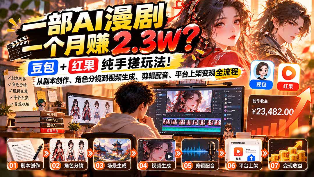 一部AI漫剧一个月赚2.3W?豆包+红果纯手搓玩法!从剧本创作、角色分镜到视频生成、剪辑配音、平台上架变现全流程-资源宝库
