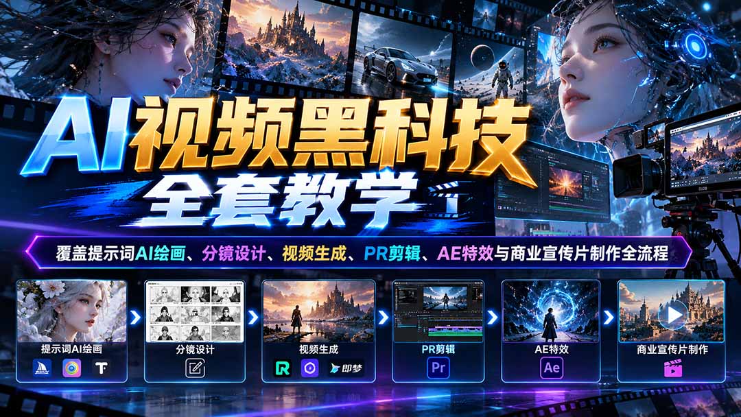AI视频黑科技全套教学:覆盖提示词AI绘画、分镜设计、视频生成、PR剪辑、AE特效与商业宣传片制作全流程-小艾项目网