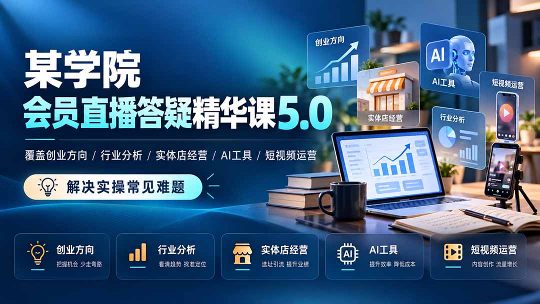 某学院会员直播答疑精华课5.0:覆盖创业方向、行业分析、实体店经营、AI工具和短视频运营,解决实操常见难题!-小艾项目网