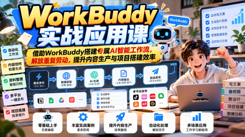 WorkBuddy实战应用课,借助WorkBuddy搭建专属AI智能工作流,解放重复劳动,提升内容生产与项目搭建效率-资源宝库