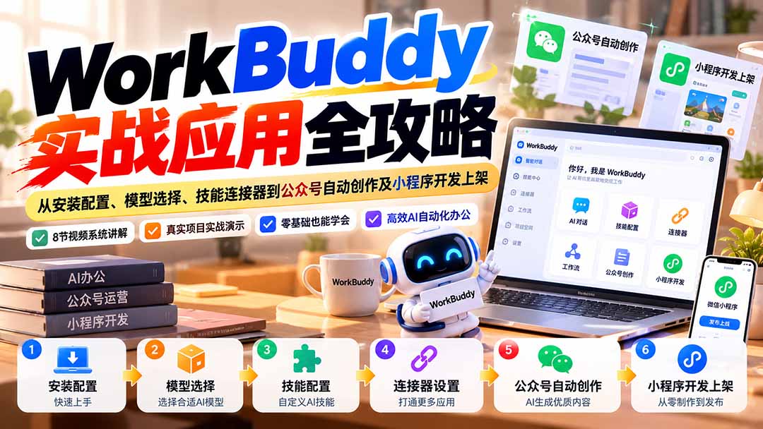 WorkBuddy 实战应用全攻略:从安装配置、模型选择、技能连接器到公众号自动创作及小程序开发上架-资源宝库