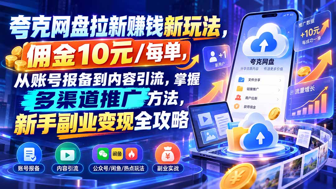 夸克网盘拉新赚钱新玩法，佣金10元/每单，从账号报备到内容引流，掌握多渠道推广方法，新手副业变现全攻略-小艾项目网