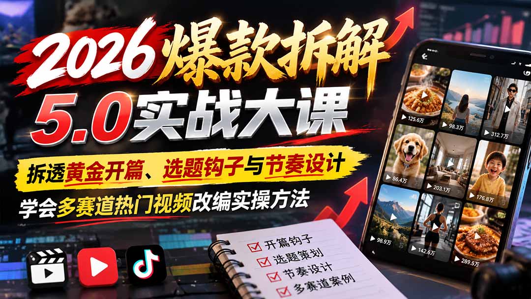 2026爆款拆解5.0实战大课：拆透黄金开篇、选题钩子与节奏设计，学会多赛道热门视频改编实操方法-小艾项目网
