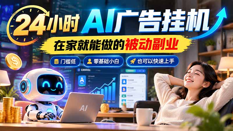 24小时AI广告挂机｜在家就能做的被动副业，门槛低，零基础小白也可以快速上手-小艾项目网