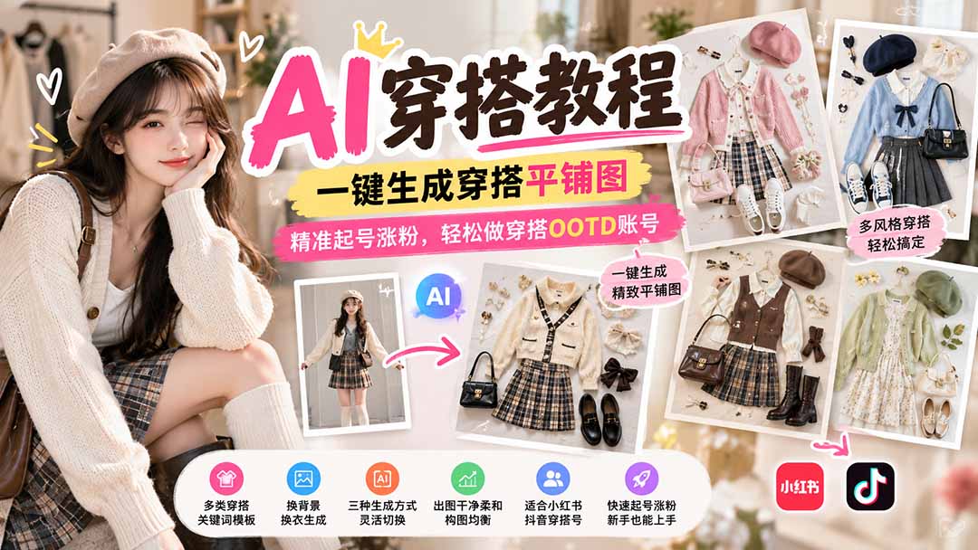 【无水印】AI穿搭教程|一键生成穿搭平铺图,精准起号涨粉,轻松做穿搭OOTD账号-小艾项目网