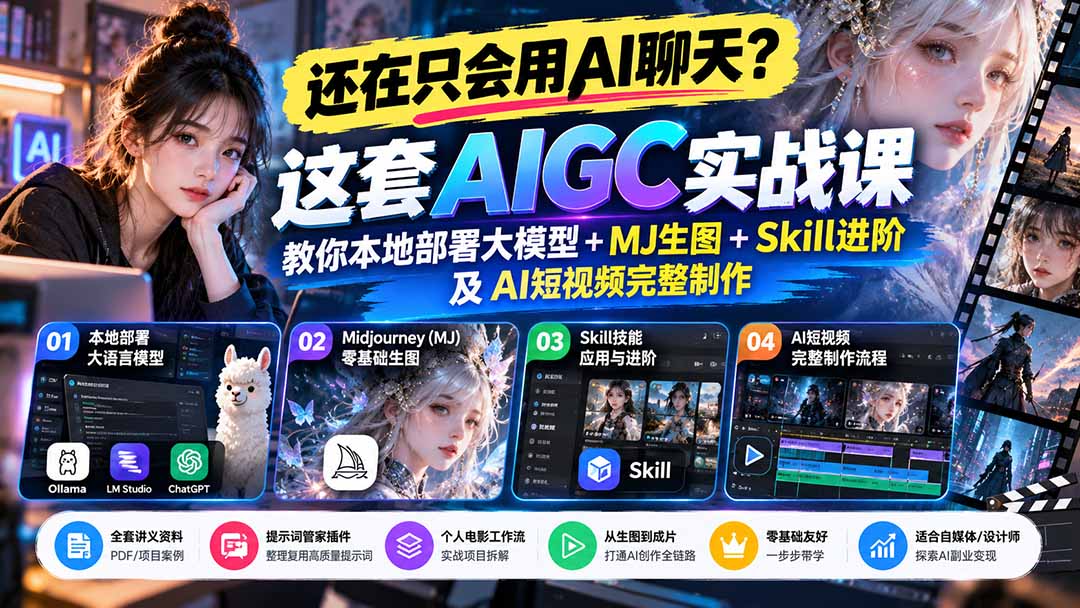 【无水印】还在只会用AI聊天?这套AIGC实战课教你本地部署大模型+MJ生图+Skill进阶及AI短视频完整制作-小艾项目网
