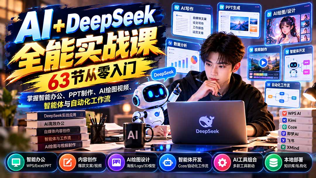AI+DeepSeek全能实战课:63节从零入门,掌握智能办公、PPT制作、AI绘图视频、智能体与自动化工作流-小艾项目网