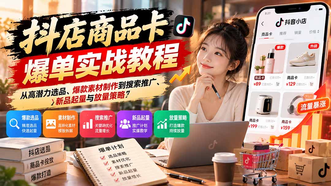 抖店商品卡爆单实战教程:从高潜力选品、爆款素材制作到搜索推广、新品起量与放量策略-小艾项目网