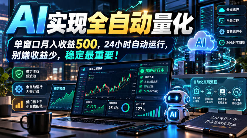 AI实现全自动量化，单窗口月入收益500，24小时自动运行，别嫌收益少，稳定最重要！【揭秘】-小艾项目网