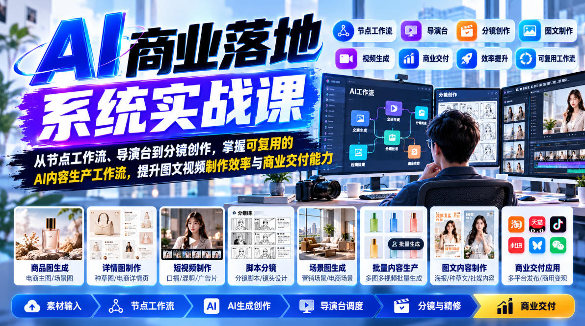 【无水印】AI商业落地系统实战课，从节点工作流、导演台到分镜创作，掌握可复用的AI内容生产工作流，提升图文视频制作效率与商业交付能力-小艾项目网