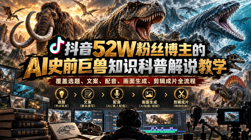 抖音52W粉丝博主的AI史前巨兽知识科普解说教学,覆盖选题、文案、配音、画面生成、剪辑成片全流程-小艾项目网