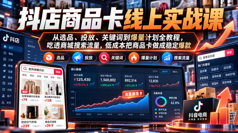 抖店商品卡线上实战课｜从选品、投放、关键词到爆量计划全教程，吃透商城搜索流量，低成本把商品卡做成稳定爆款-小艾项目网