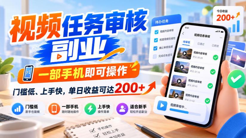 视频任务审核副业,一部手机即可操作,门槛低、上手快,单日收益可达200+【揭秘】-小艾项目网