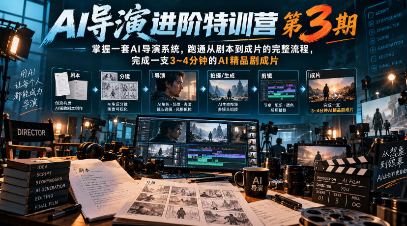 AI导演进阶特训营第3期，掌握一套AI导演系统，跑通从剧本到成片的完整流程，完成一支3~4分钟的AI精品剧成片(附1、2期)-小艾项目网