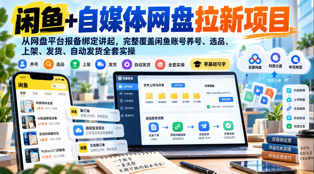 闲鱼+自媒体网盘拉新项目，从网盘平台报备绑定讲起，完整覆盖闲鱼账号养号、选品、上架、发货、自动发货全套实操-小艾项目网