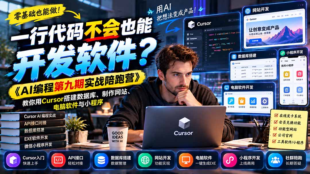一行代码不会也能开发软件?《AI编程第九期实战陪跑营》教你用Cursor搭建数据库、制作网站、电脑软件与小程序-小艾项目网