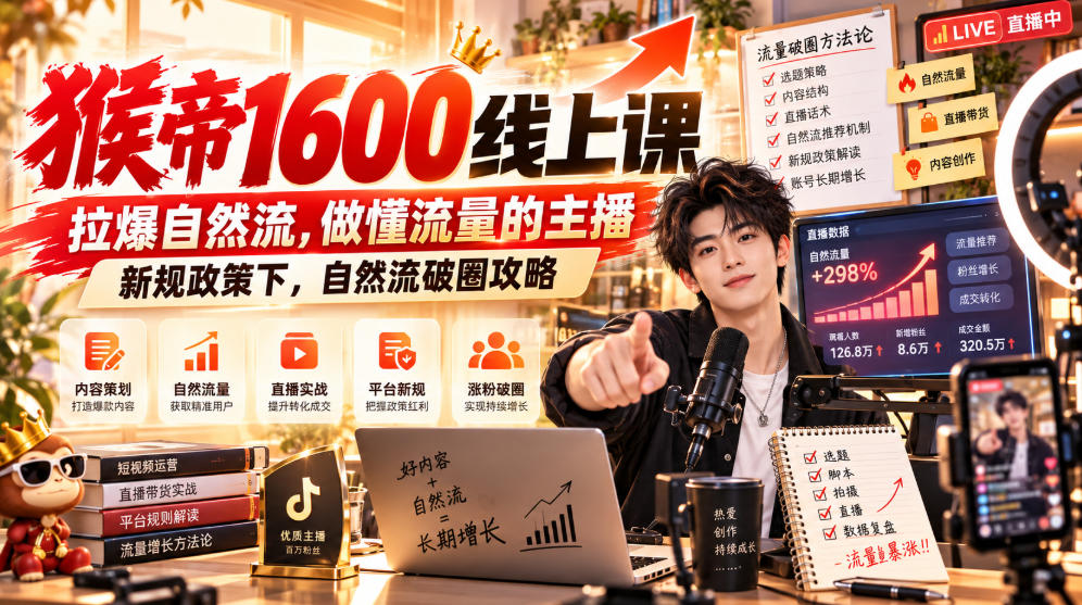 猴帝1600线上课,拉爆自然流,做懂流量的主播,新规政策下,自然流破圈攻略【更新261023】-小艾项目网