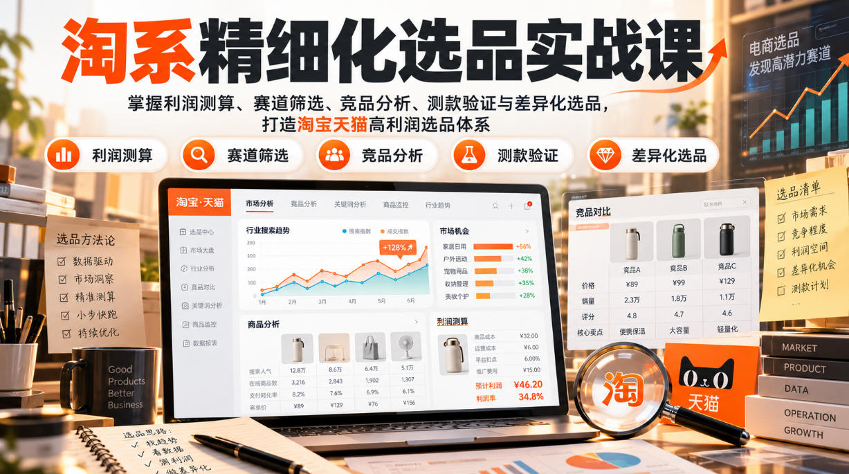 货架电商精细化选品实战课:掌握利润测算、赛道筛选、竞品分析、测款验证与差异化选品,打造淘宝天猫高利润选品体系-小艾项目网