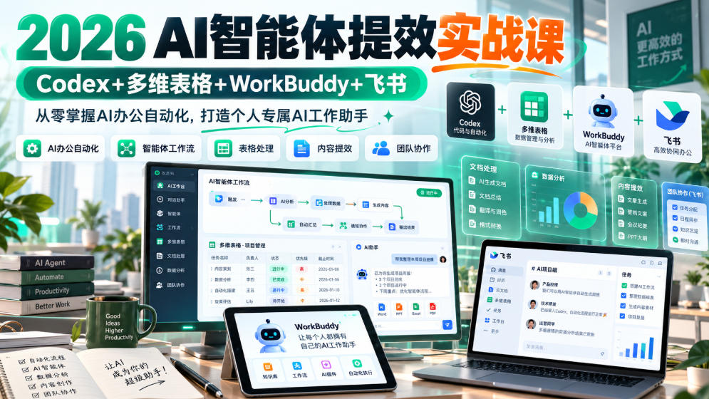 2026 AI智能体提效实战课:Codex+多维表格+WorkBuddy+飞书,从零掌握AI办公自动化,打造个人专属AI工作助手-小艾项目网