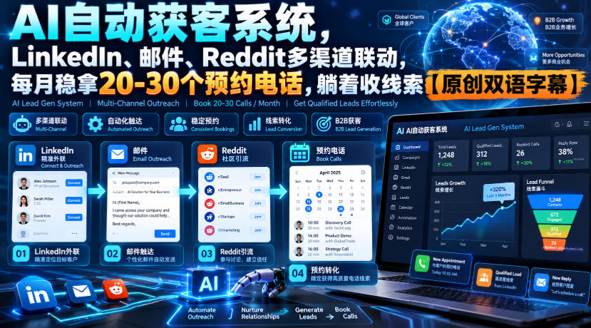 【无水印】AI自动获客系统,LinkedIn、邮件、Reddit多渠道联动,每月稳拿20-30个预约电话,躺着收线索【原创双语字幕】-小艾项目网