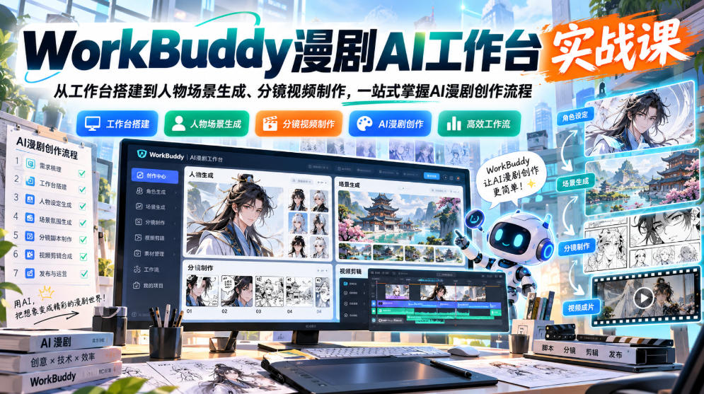 WorkBuddy漫剧AI工作台实战课:从工作台搭建到人物场景生成、分镜视频制作,一站式掌握AI漫剧创作流程-小艾项目网