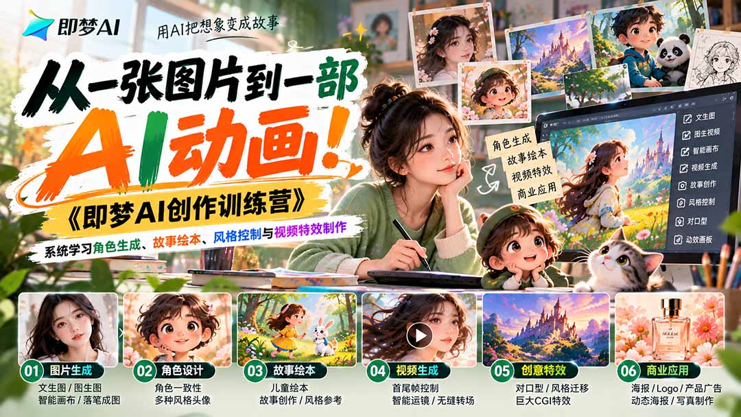 【无水印】从一张图片到一部AI动画!《即梦AI创作训练营》系统学习角色生成、故事绘本、风格控制与视频特效制作-小艾项目网