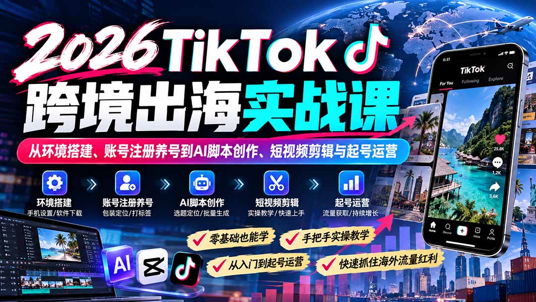 2026TikTok跨境出海实战课:从环境搭建、账号注册养号到AI脚本创作、短视频剪辑与起号运营-小艾项目网