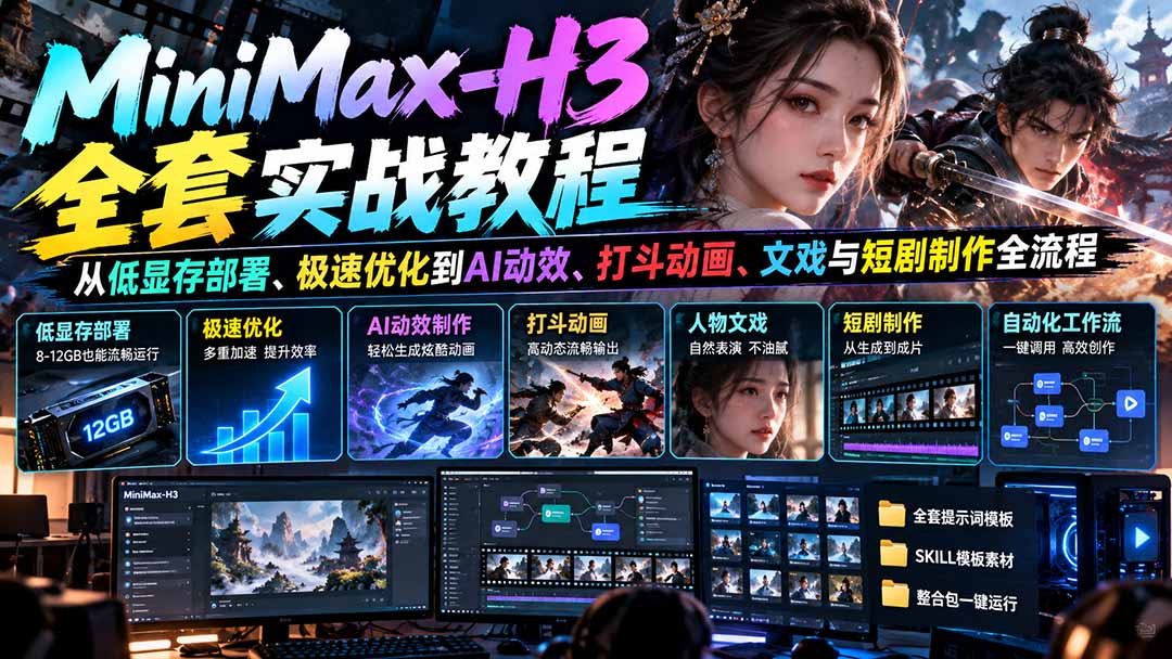 MiniMax-H3全套实战教程:从低显存部署、极速优化到AI动效、打斗动画、文戏与短剧制作全流程-小艾项目网