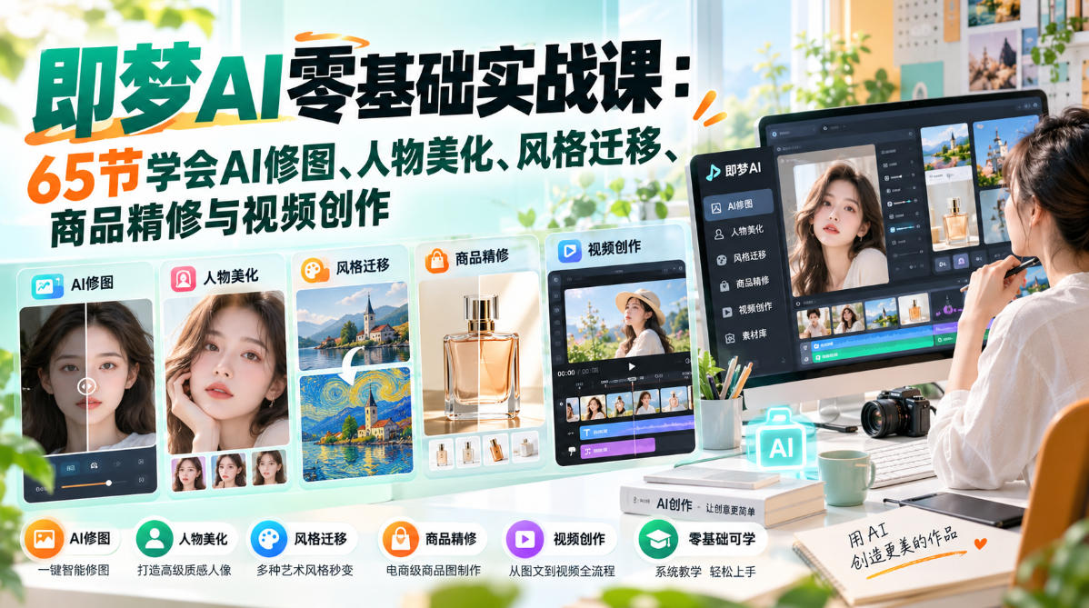 即梦AI零基础实战课:65节学会AI修图、人物美化、风格迁移、商品精修与视频创作-小艾项目网