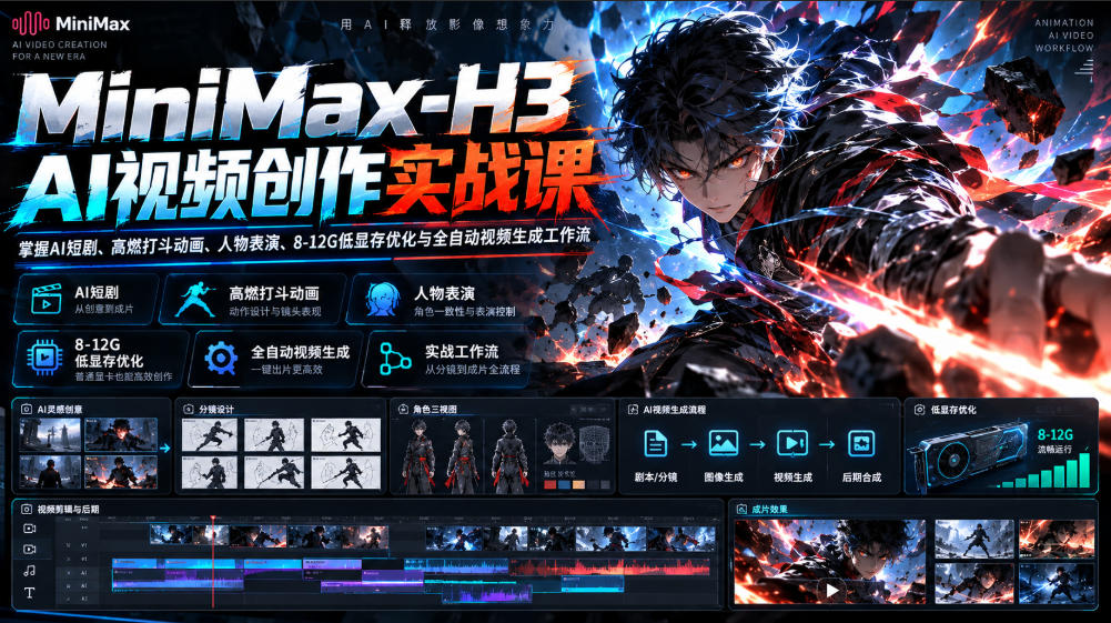 MiniMax-H3 AI视频创作实战课,掌握AI短剧、高燃打斗动画、人物表演、8-12G低显存优化与全自动视频生成工作流-小艾项目网